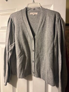 LOFT Gray Puff-Sleeve V-Neck Button Sweater